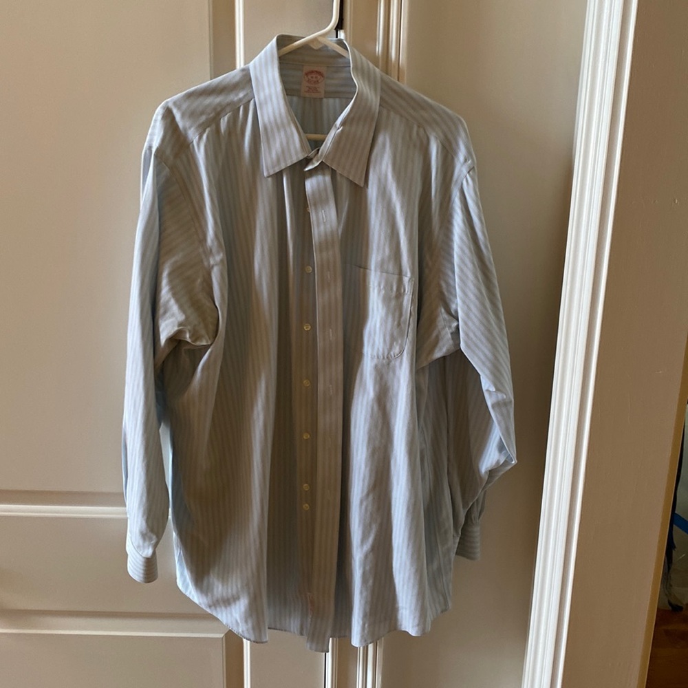 Brooks brothers non iron dress shirt, light blue, yellow and red stripes